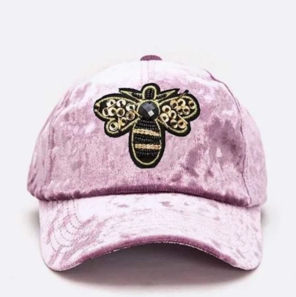 J. Elise Boutique Burgundy Golden Bee Patch Distressed Velour Velvet Fitted Cap